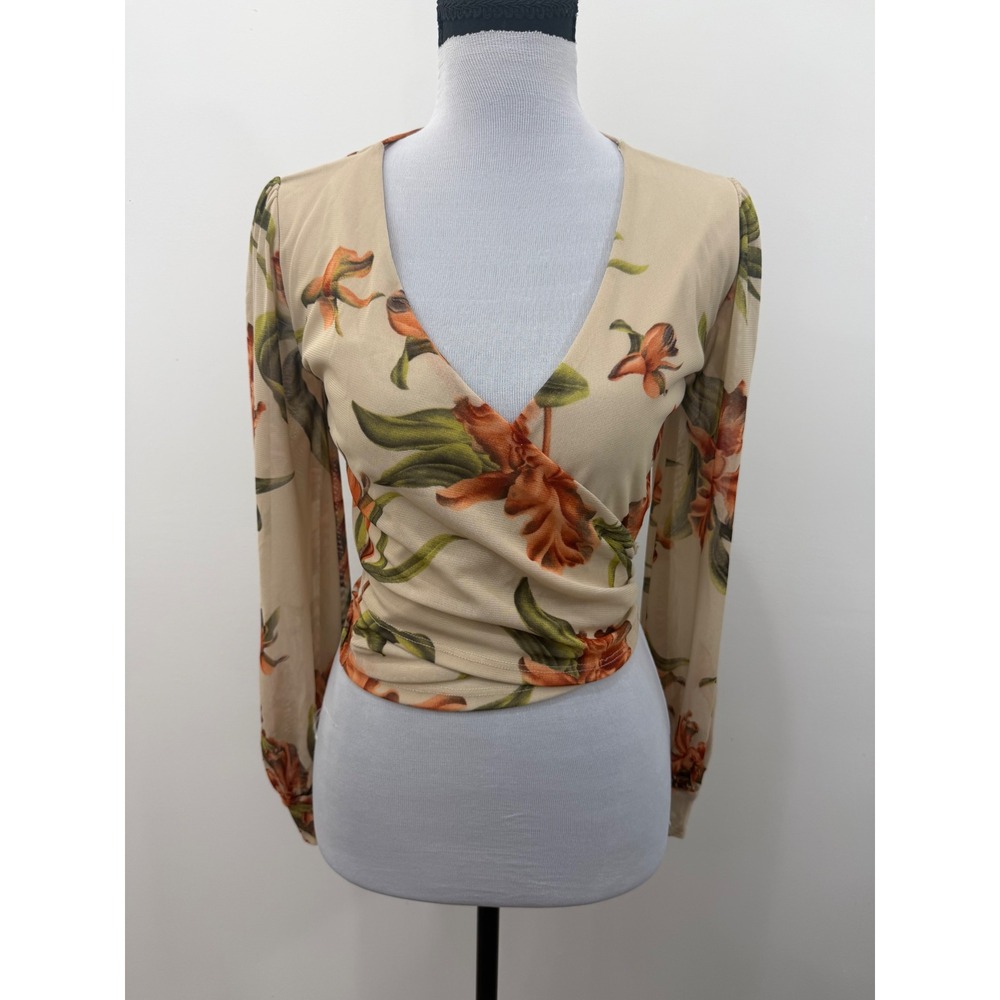 Fashion Nova Tan Floral Mesh Wrap Top Long Sleeve V-Neck Cropped Blouse Small